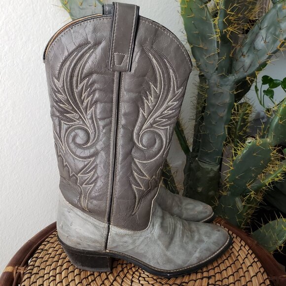 Vintage TEXAS Made Western Cowboy Boots Embroidered Leather Gray size 8.5D Men's - Picture 2 of 13